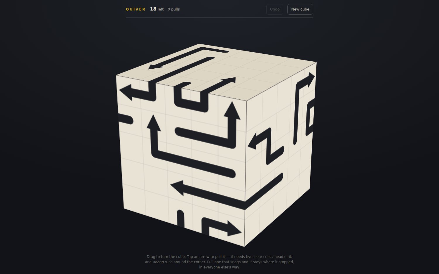 Quiver — a cube inked with winding black arrows that fold over its edges onto the next face