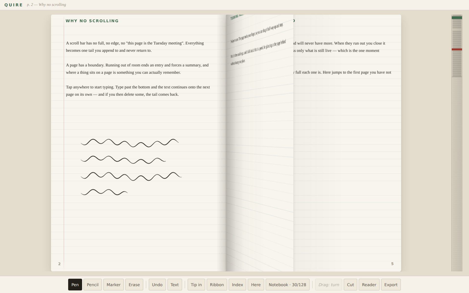 Quire — an open notebook spread with handwriting on the left page and a leaf caught half-way through being turned